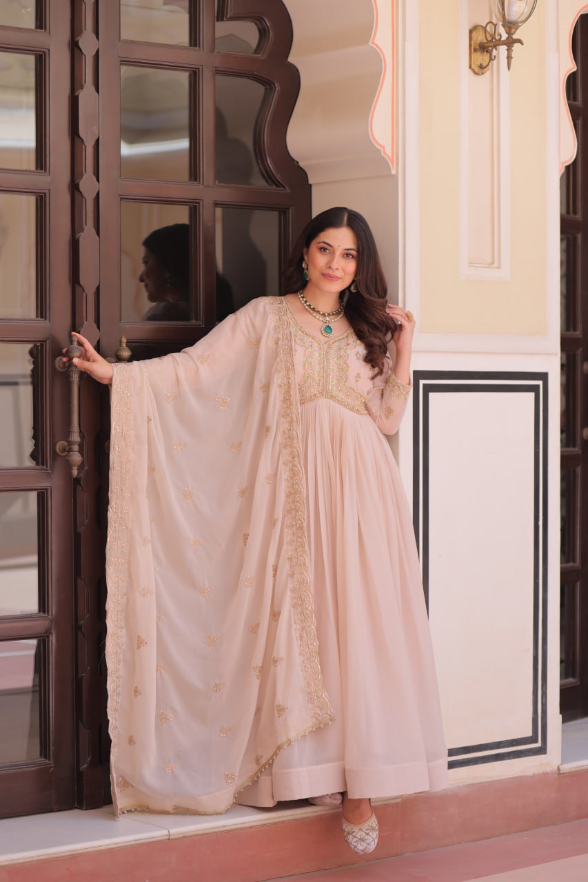 For the Beige/Nude Gown: Blush Nude Anarkali Gown with Subtle Gold & Thread Embellishments
