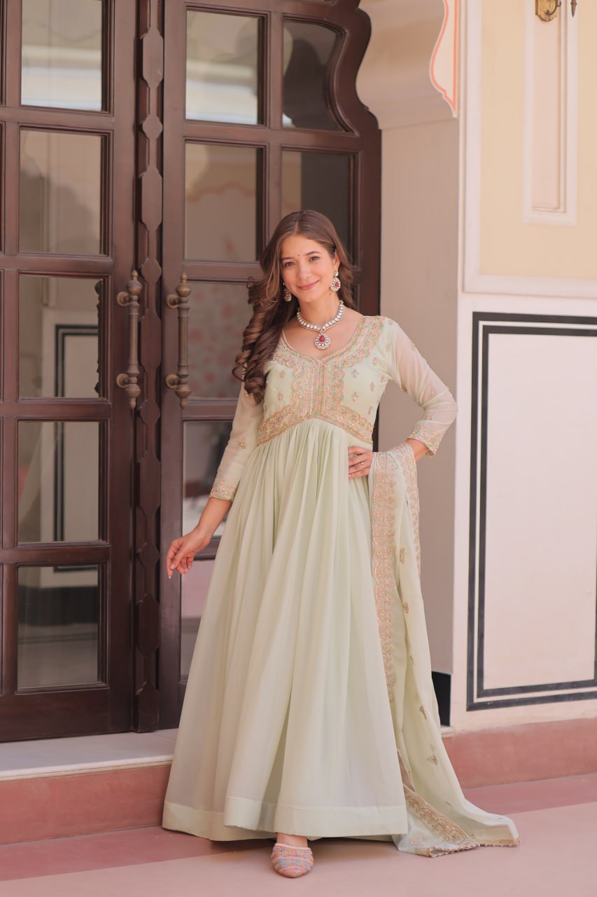 For the Beige/Nude Gown: Blush Nude Anarkali Gown with Subtle Gold & Thread Embellishments