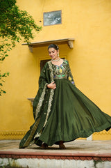 For the Green Gown: Forest Green Silk Anarkali Gown with Vibrant Multi-Colour Embroidered Yoke