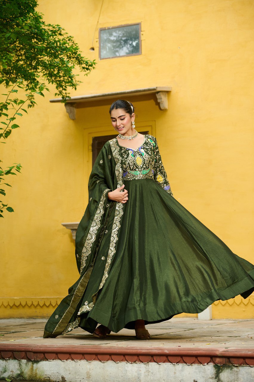 For the Green Gown: Forest Green Silk Anarkali Gown with Vibrant Multi-Colour Embroidered Yoke