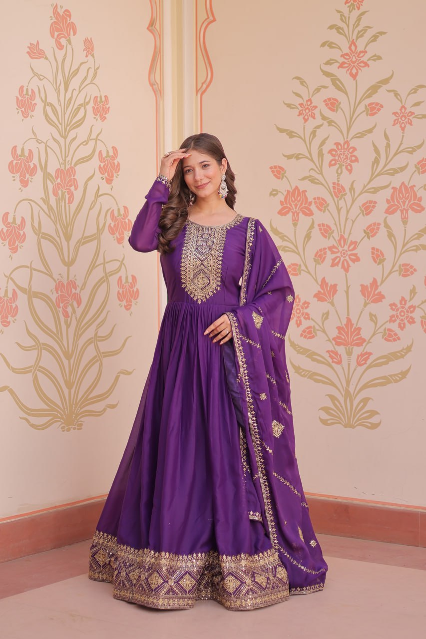For the Teal/Blue Gown: Elegant Peacock Blue Anarkali Suit with Rich Embroidered Border