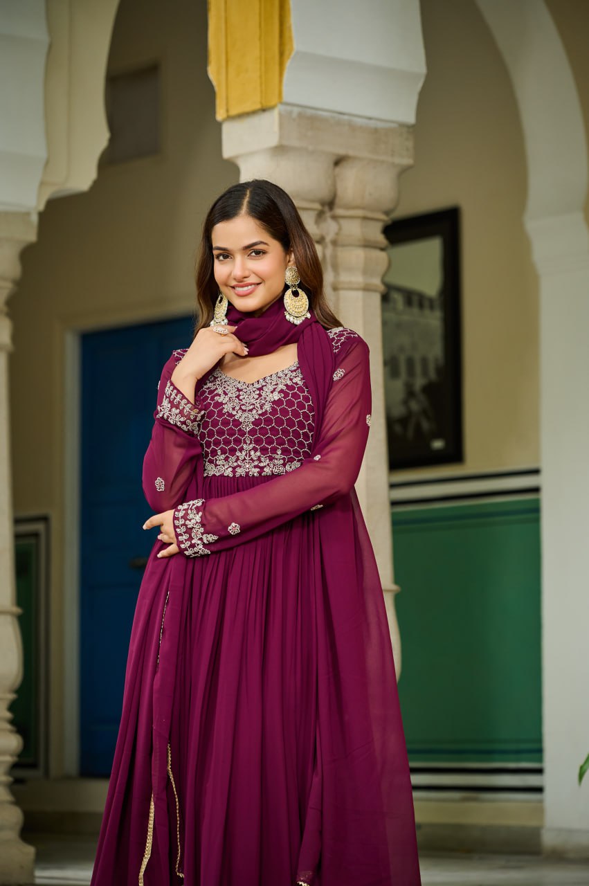 Regal Wine Anarkali Gown with Intricate Embroidered Yoke & Ruffled Hem