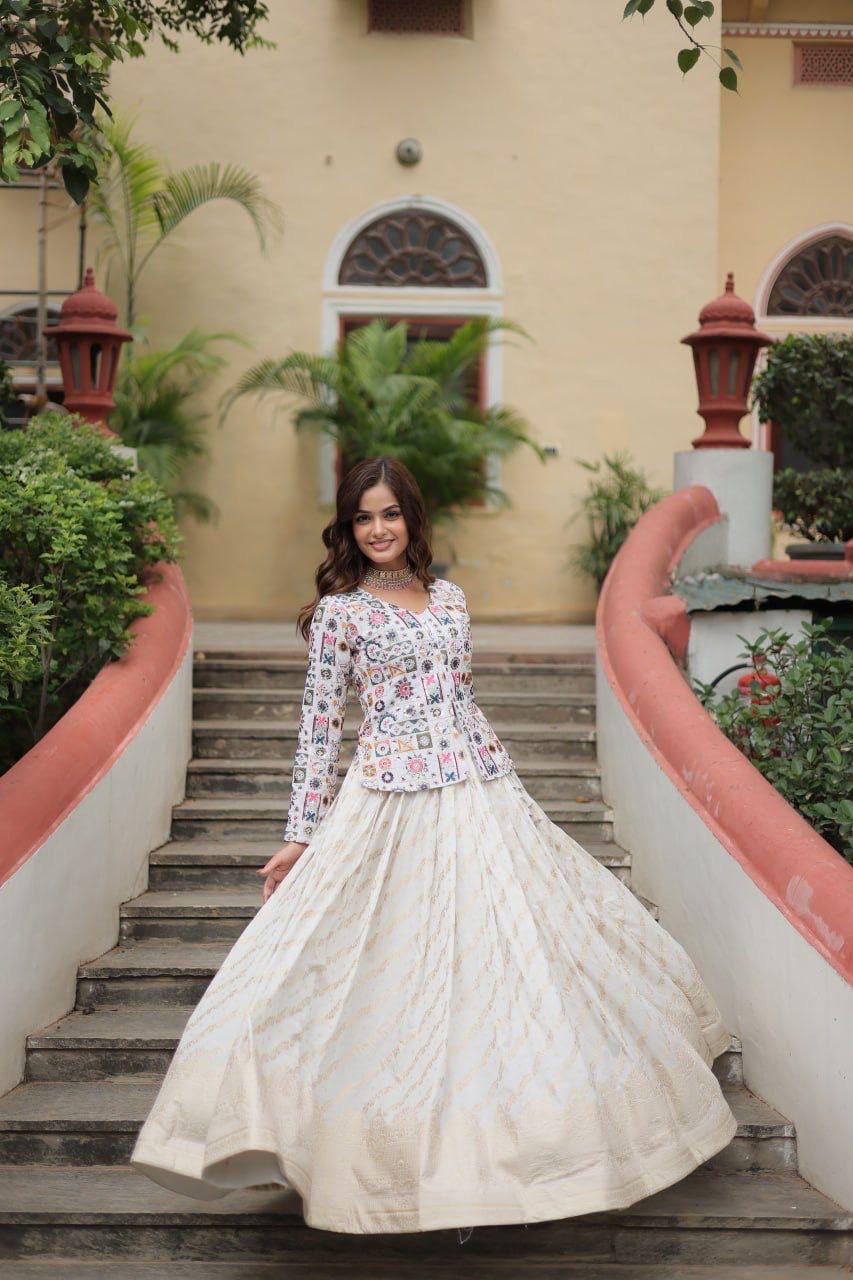 Contemporary White Lehenga Set with Multi-Color Geometric Print Jacket.