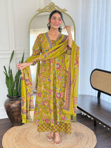 Pista Green Jaal Print A-Line Kurta with Palazzo & Dupatta