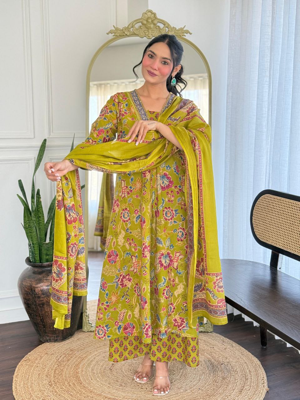 Pista Green Jaal Print A-Line Kurta with Palazzo & Dupatta