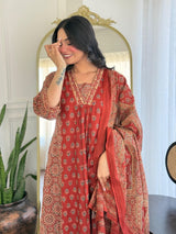 "Mehr" Rust Red Block-Printed Anarkali Suit Set