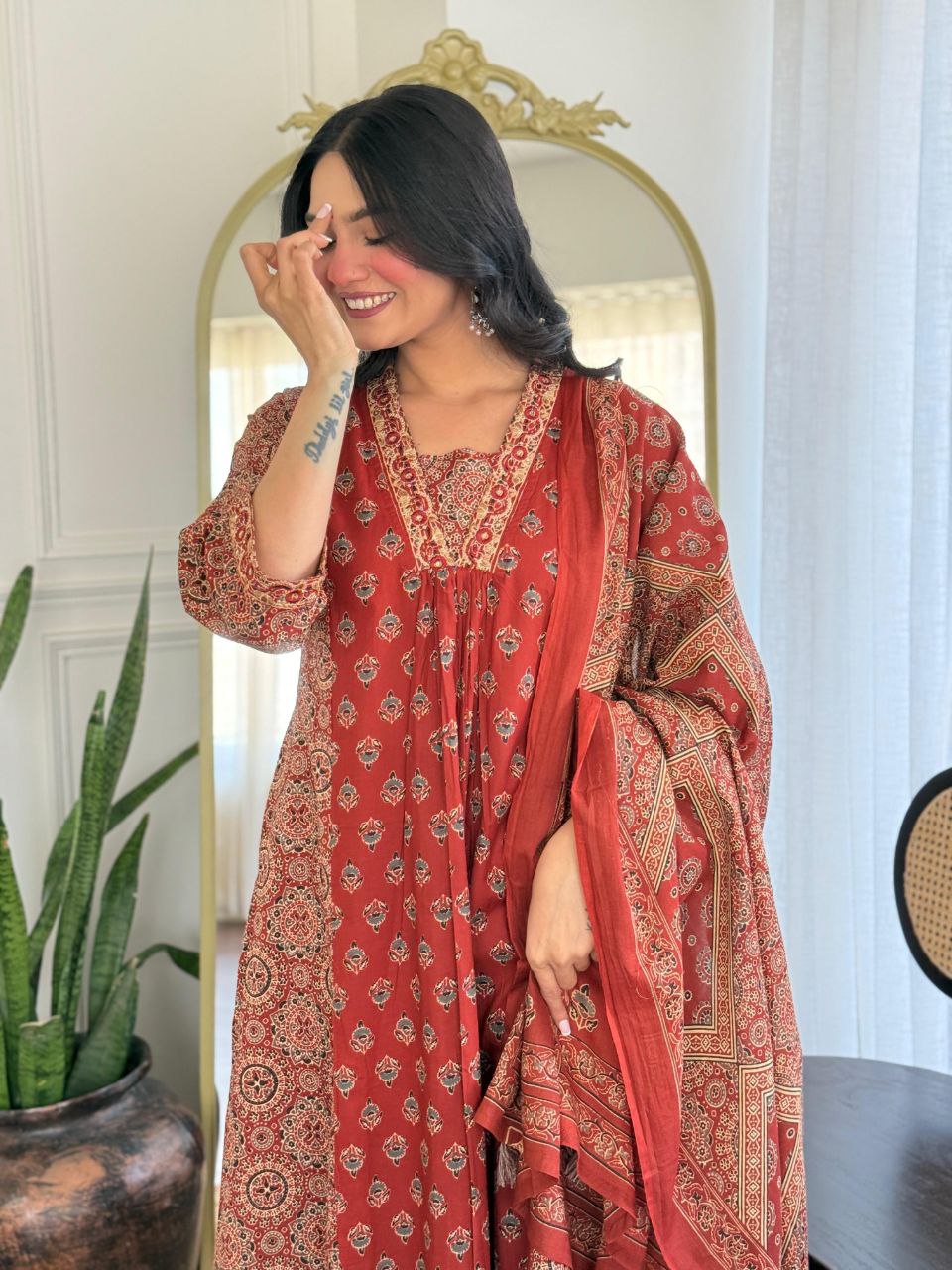 "Mehr" Rust Red Block-Printed Anarkali Suit Set