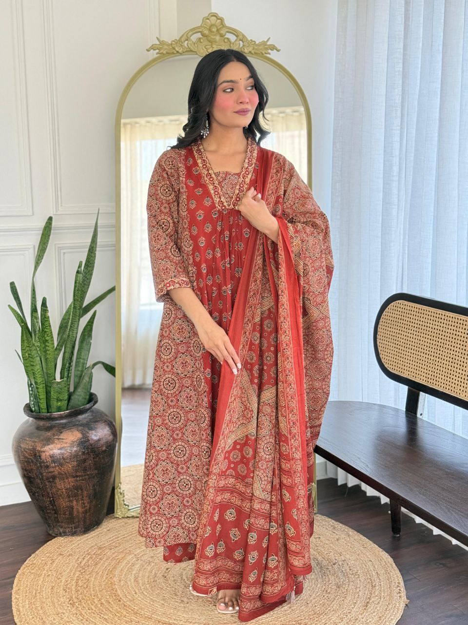 "Mehr" Rust Red Block-Printed Anarkali Suit Set