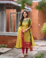 "Gulmohar" Mustard Yellow & Rani Pink Weave Suit Set