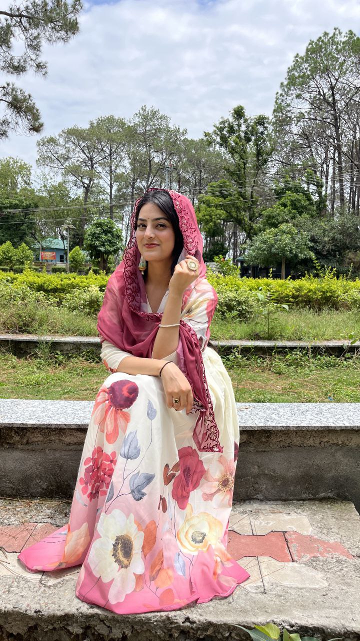 Amara: Off-White & Wine Floral Border Print Anarkali Set