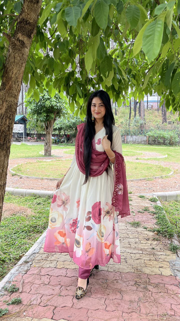 Amara: Off-White & Wine Floral Border Print Anarkali Set