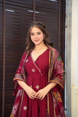 Maroon Flared Angrakha Kurta with Palazzo & Kalamkari Print Dupatta